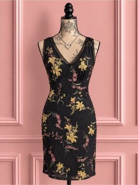 Vintage BCBG MaxAzria Black Floral V-Neck Sleeveless Dress Size XS